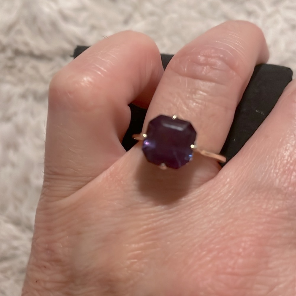 10K Asscher Cut Lab Created 4 CT Octagonal Alexandrite Ring with White Diamond